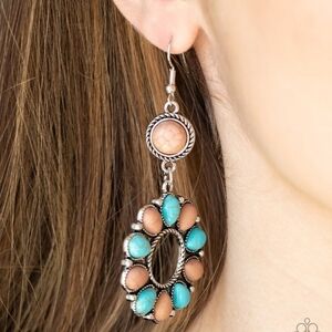 Western Style Silver Earrings With Turquoise And Brown Stones